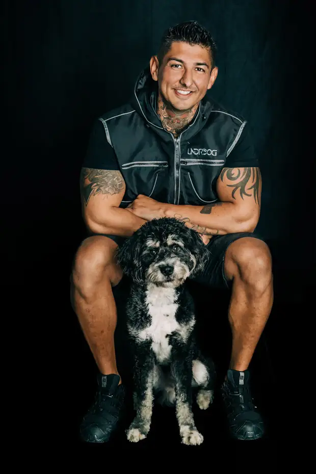 A small black and white dog sitting in front of a handler in dark clothes against a dark studio background